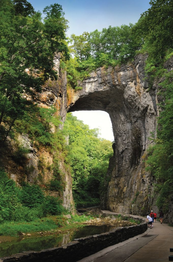natural bridge with greenery and people